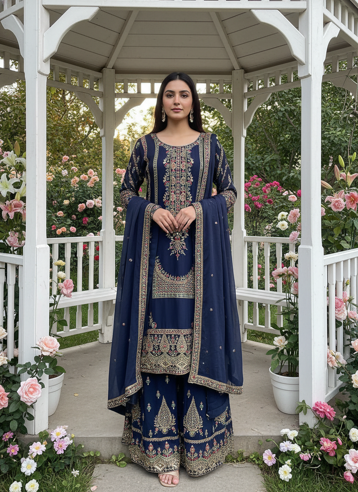 Embroidered Blue Chinnon Plazo Suit for Festivities (53624)