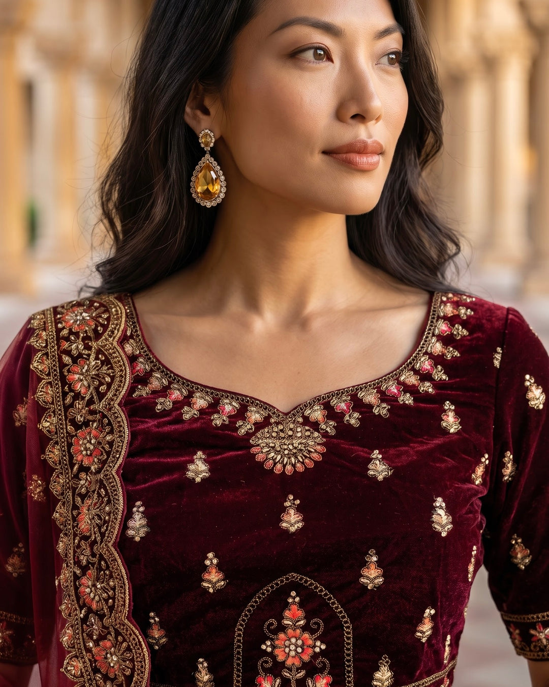 Maroon Velvet Embroidered Bridal Lehenga (54306)