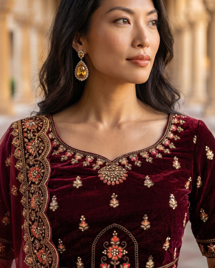Maroon Velvet Embroidered Bridal Lehenga (54306)