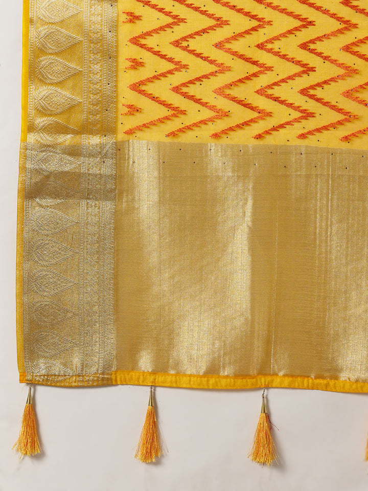 Organza Yellow Zari Embroidered Saree