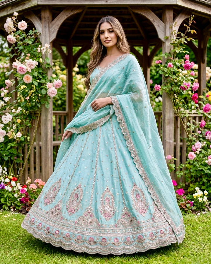 Embroidered Light Blue Tissue Bridal Dupatta (49424)