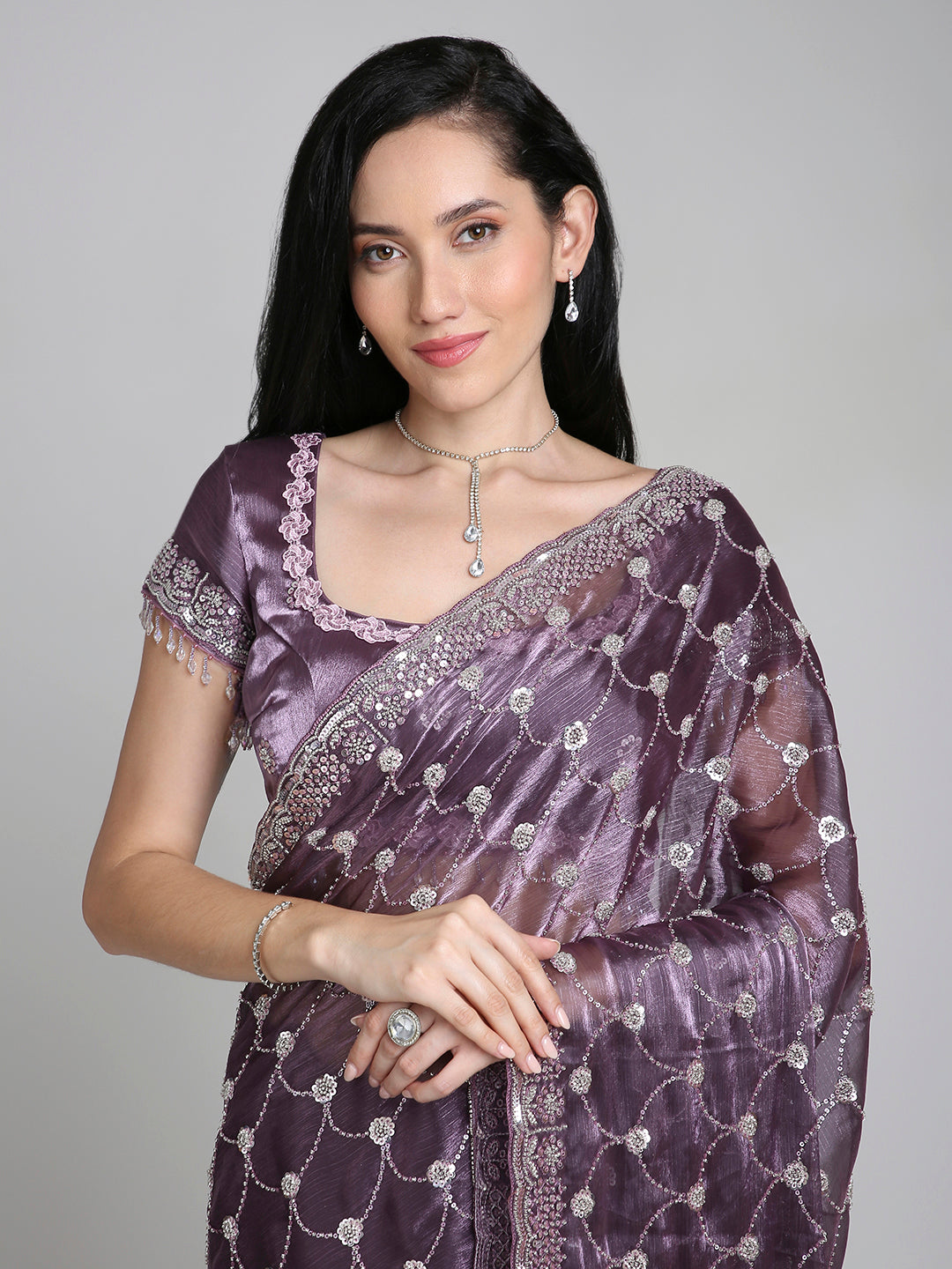 Meher – Lavender Purple Chinnon Saree with Pearl Embroidered Border | Fazals (43391)