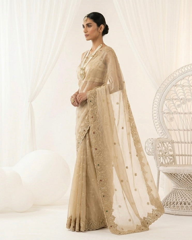 Golden Organza Saree with Allover Embroidery (54584)