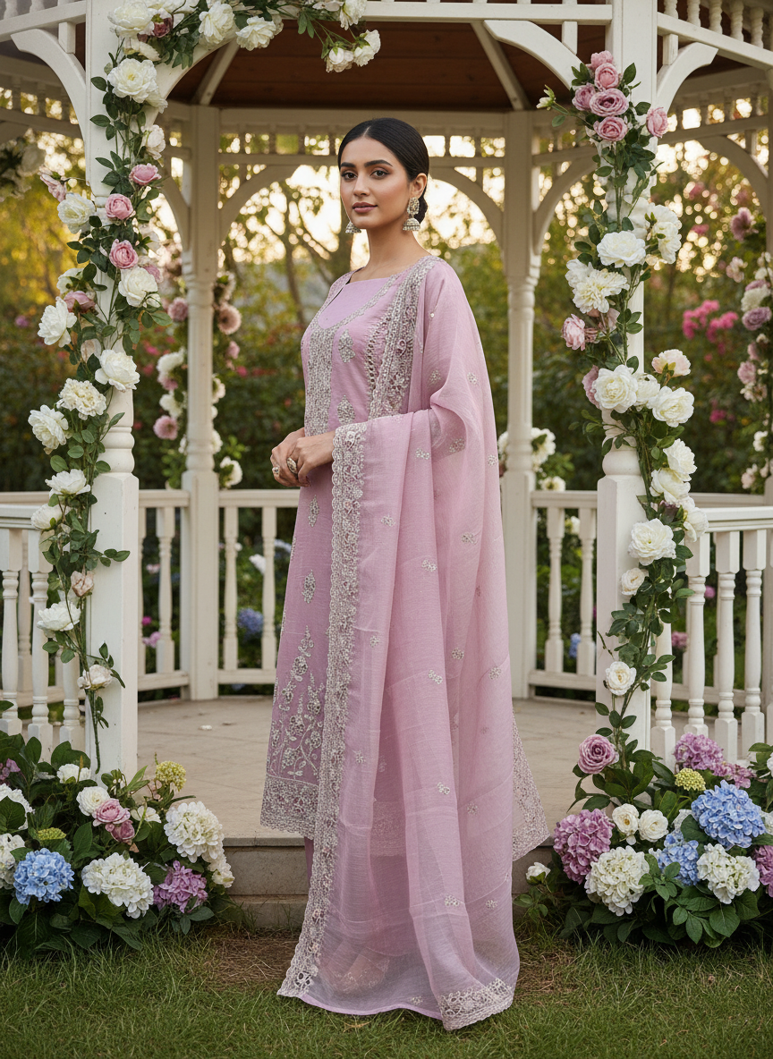 Light Pink Tissue Embroidered Festive Unstitched Fabric (55214)