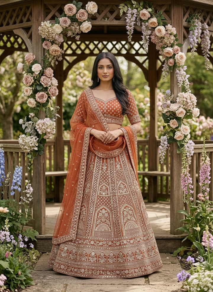 Embroidered Orange Net Dupatta with Heritage Elegance (55078)