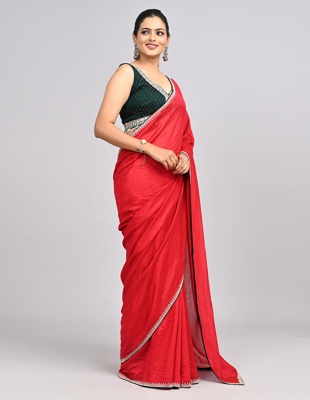 Meher – Pink Silk Saree with Swarovski Stone Border & Contrast Blouse | Fazals (46589)