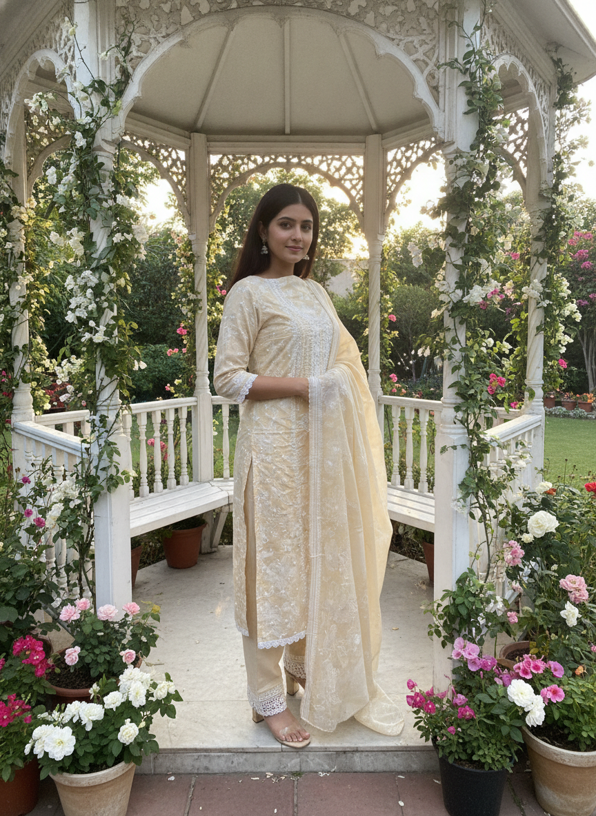 Sunlit Yellow Embroidered Cotton With Paisley (56799)