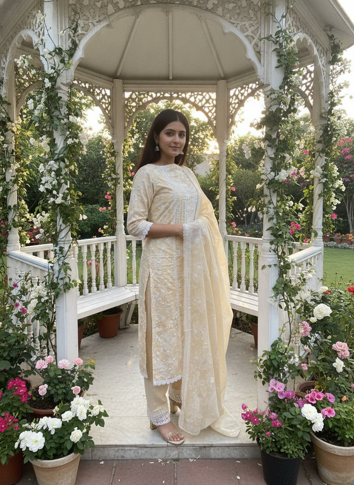 Sunlit Yellow Embroidered Cotton With Paisley (56799)