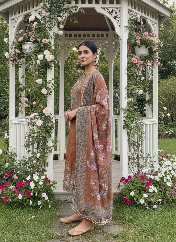 Earthy Brown Muslin with Printed Embroidery (48476)