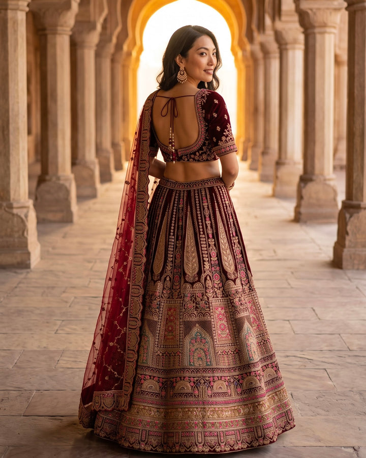 Maroon Velvet Embroidered Bridal Lehenga (45877)