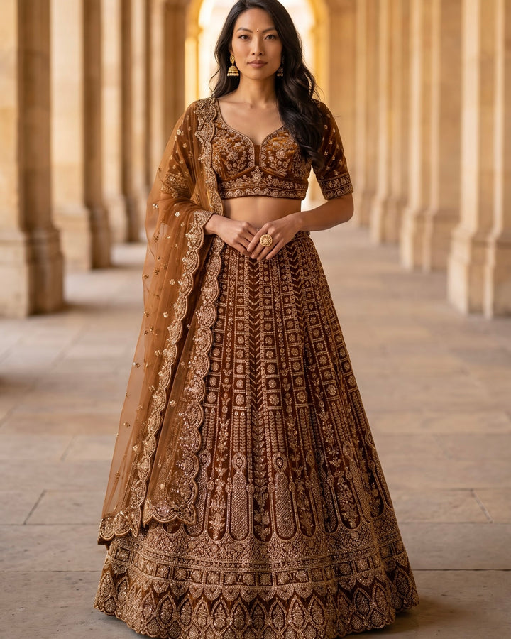 Embroidered Brown Net Bridal Lehenga (54308)