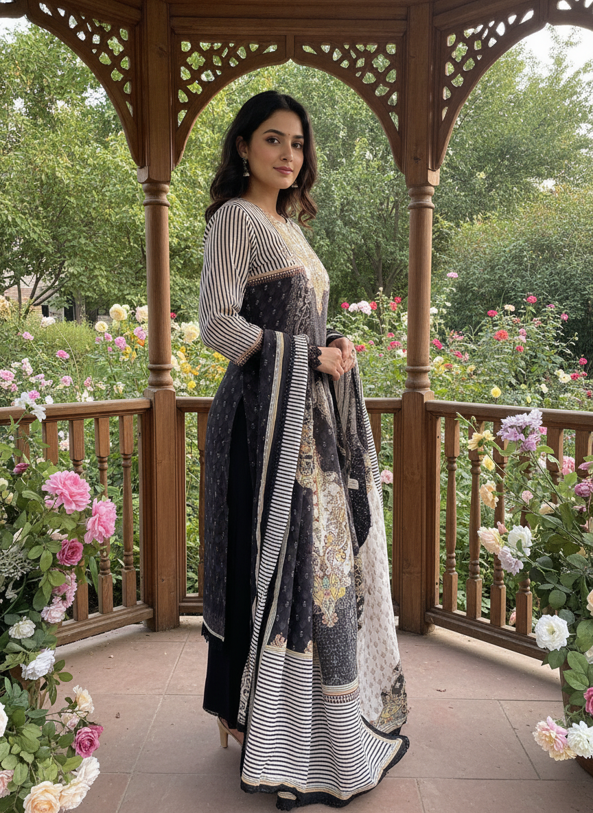 Black Muslin Embroidered Cotton Dupatta Set (51980)