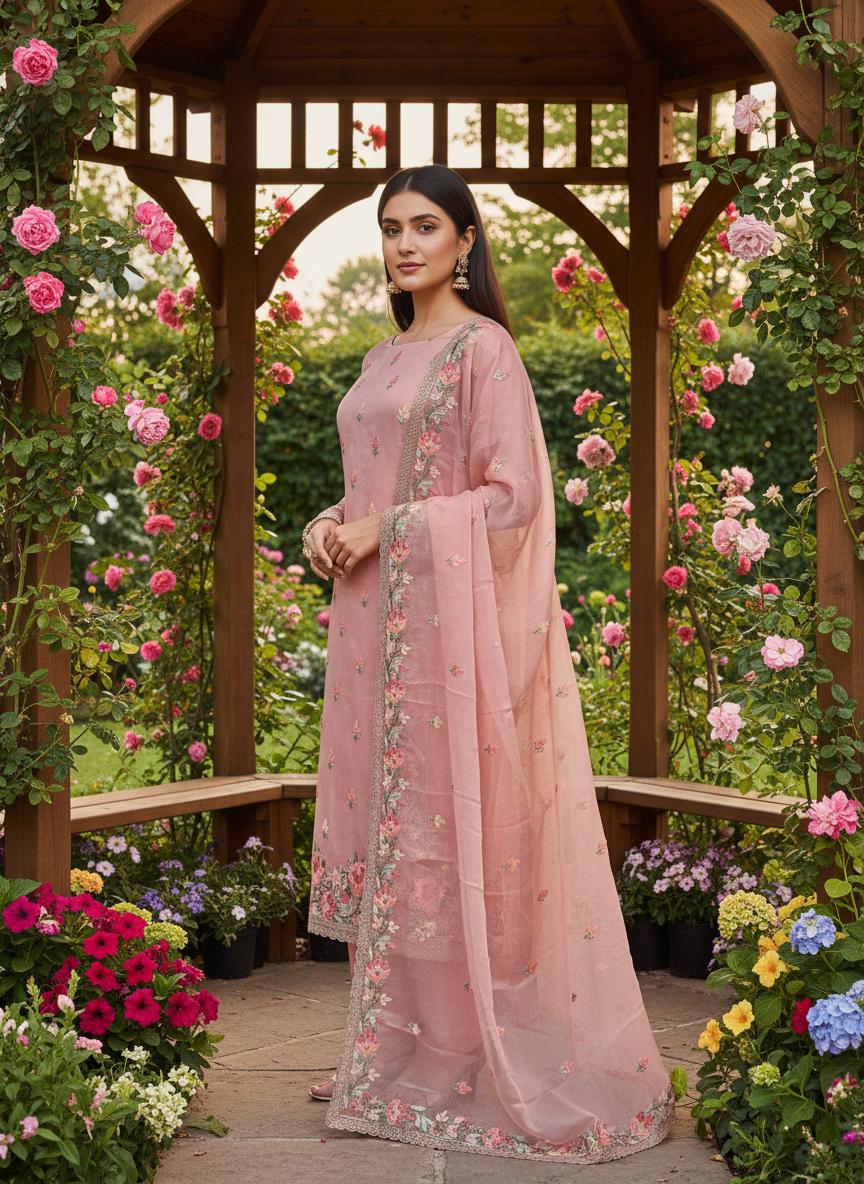 Peach Chiffon Embroidered Festive Elegance (46277)