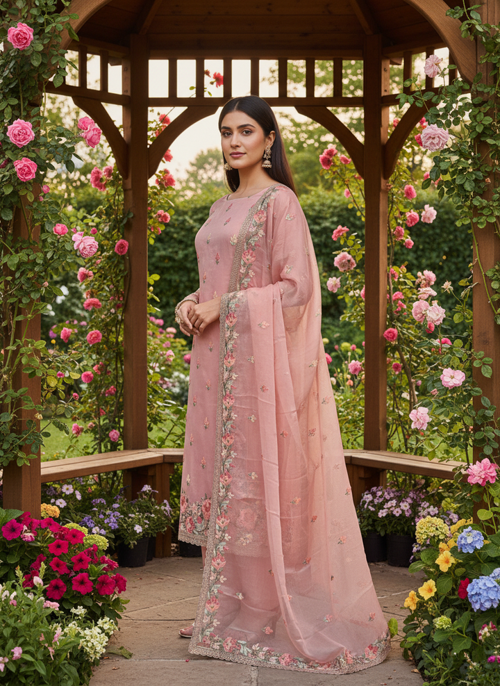 Peach Chiffon Embroidered Festive Elegance (46277)
