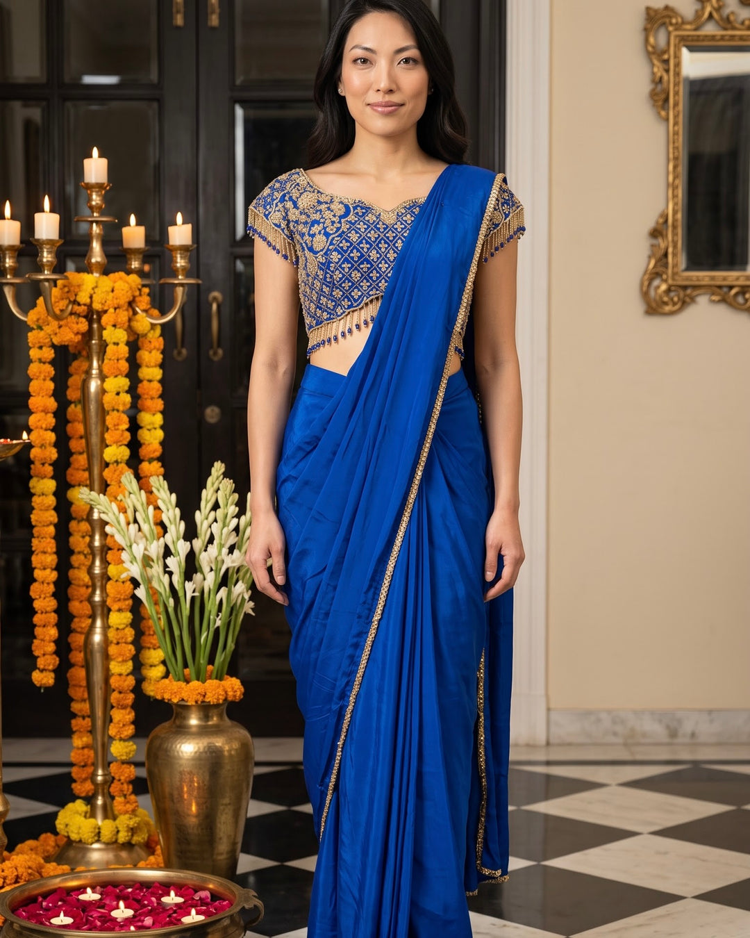 Blue Crepe  Embroidered Pre-draped Saree and Blouse set (59790)