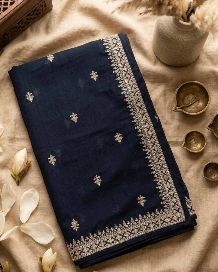 Navy Blue Embroidered Silk Festive Dupatta (49520)