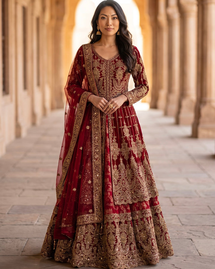 Maroon Embroidered Net Farshi with Heritage Elegance (56991)