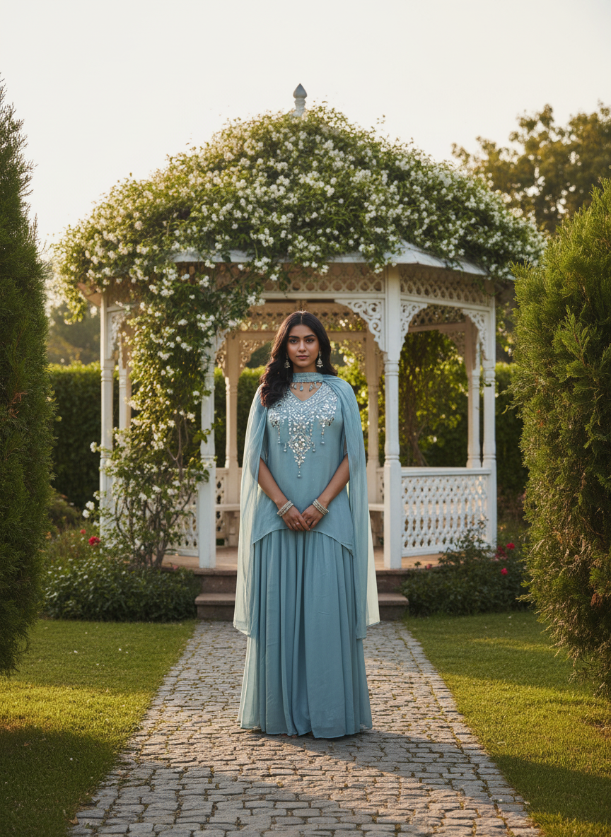 Light Green Chinnon Handwork Plazo Suit (52124)