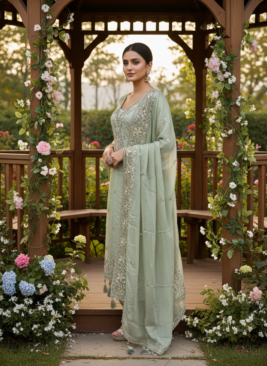 Green Tissue Handwork Unstitched Dress Material (52494)