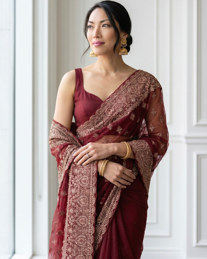 Pink Organza Saree with Allover Embroidery (54583)
