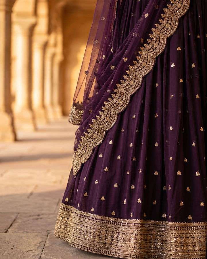 Wine Georgette Embroidered Festive Lehenga (27233)