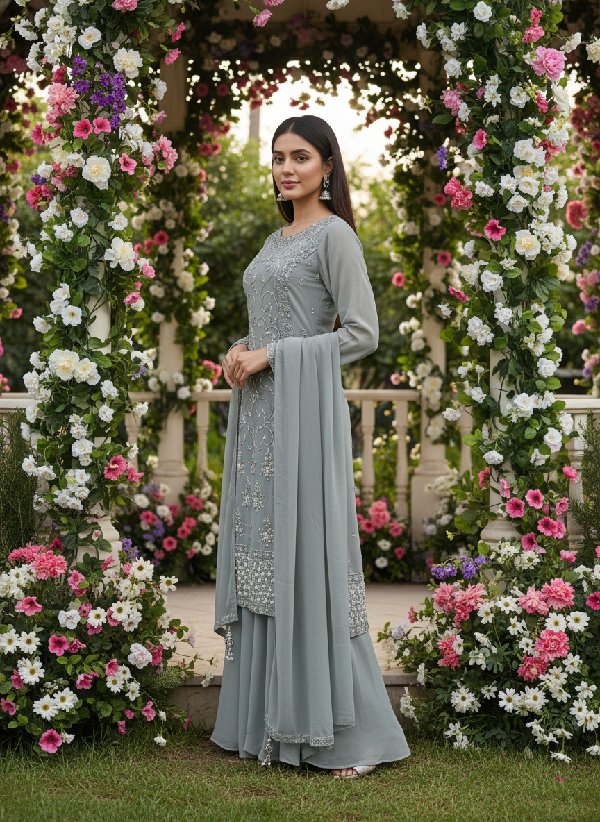 Grey Georgette Handwork Embroidered Festive Ensemble (53058)
