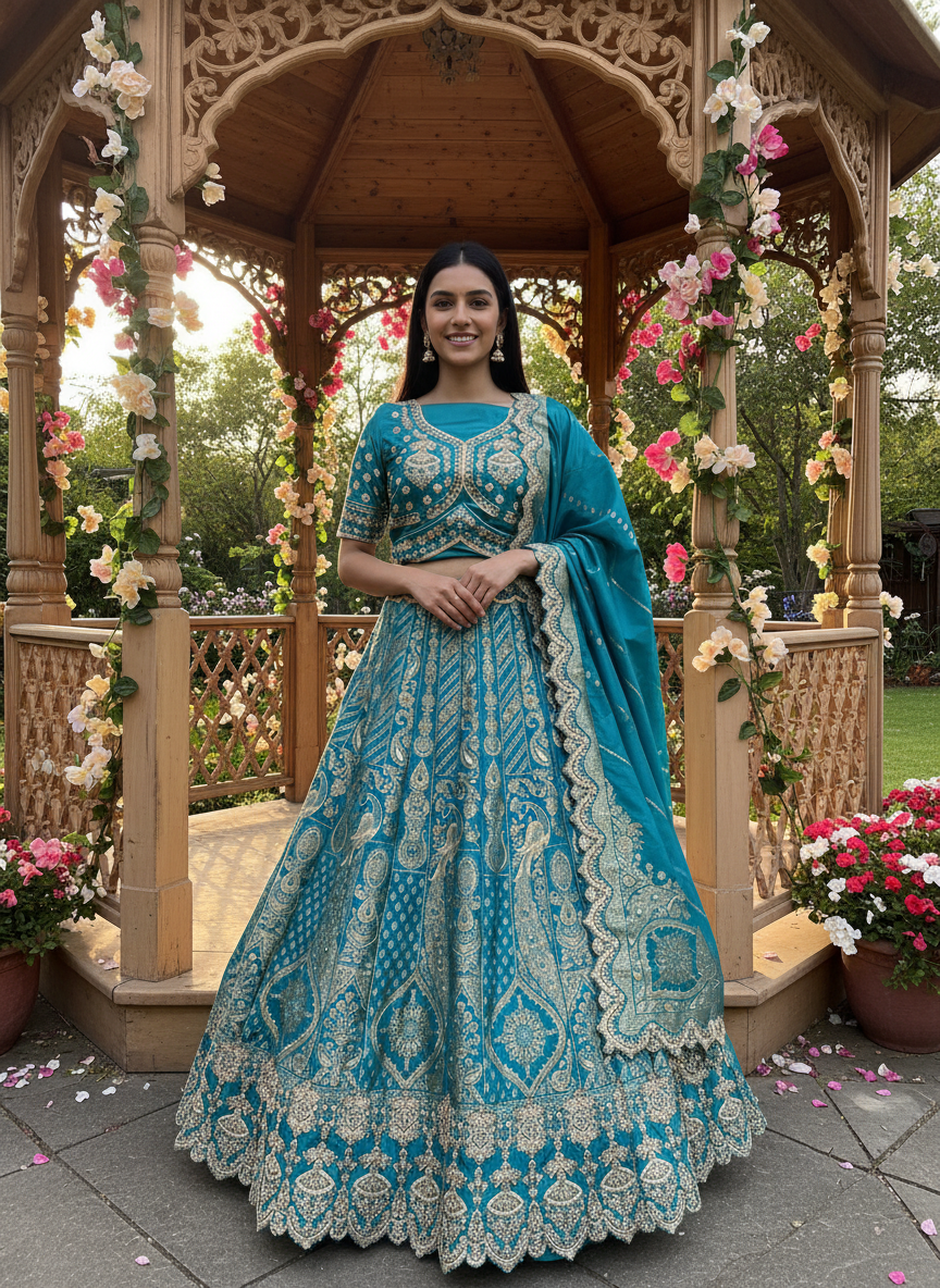 Emerald Silk Bridal Lehenga with Handworked Embroidery (44644)