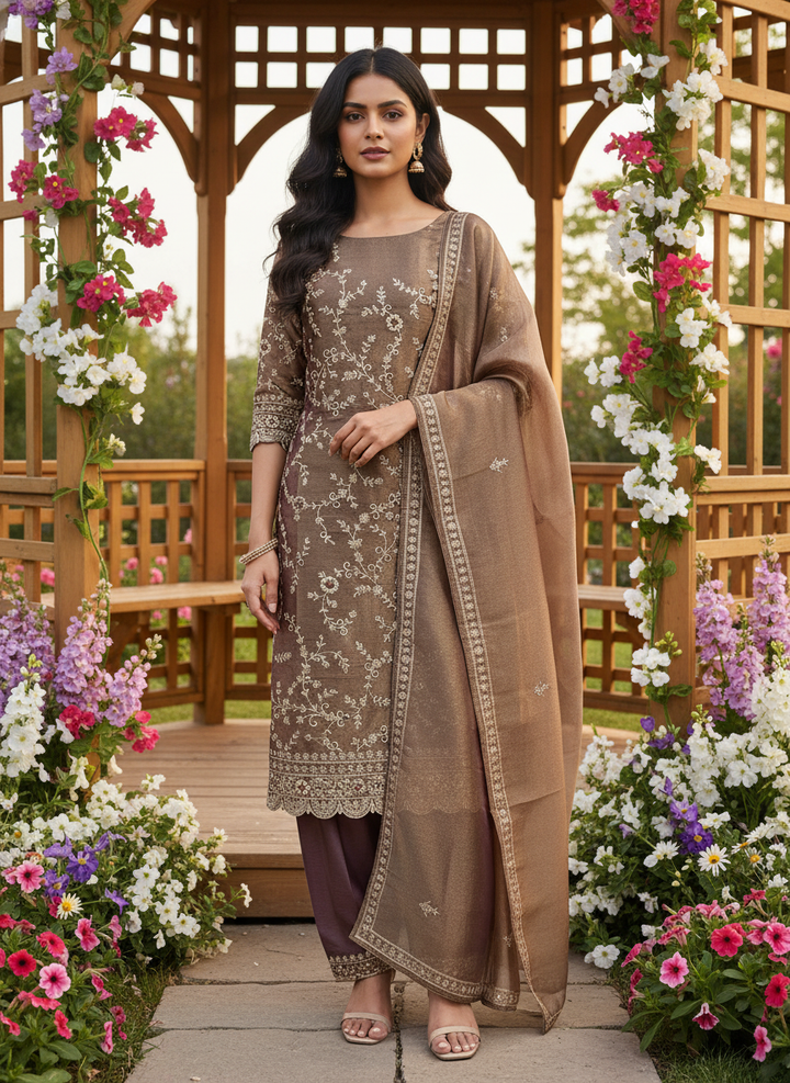 Burnished Copper Tissue with Handwork Zardozi (53125)