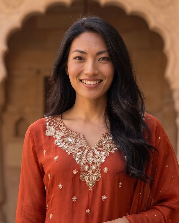 Embroidered Orange Chinnon Festive Ensemble (52600)