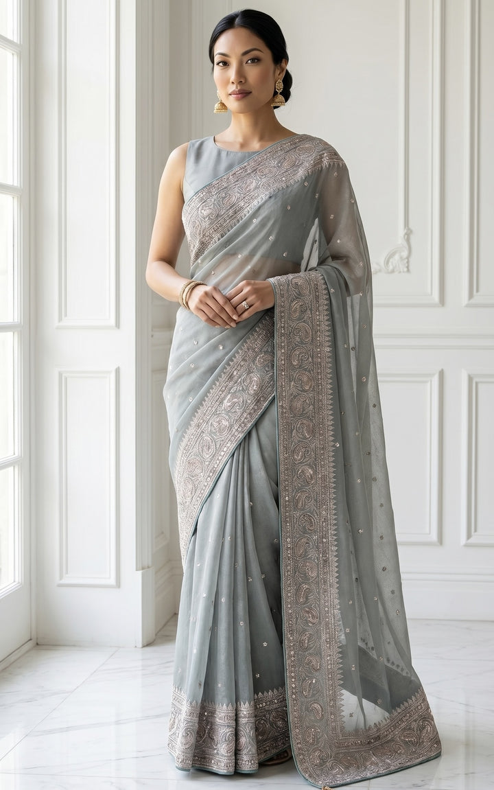 Ethereal Light Blue Embroidered Organza Saree (54588)