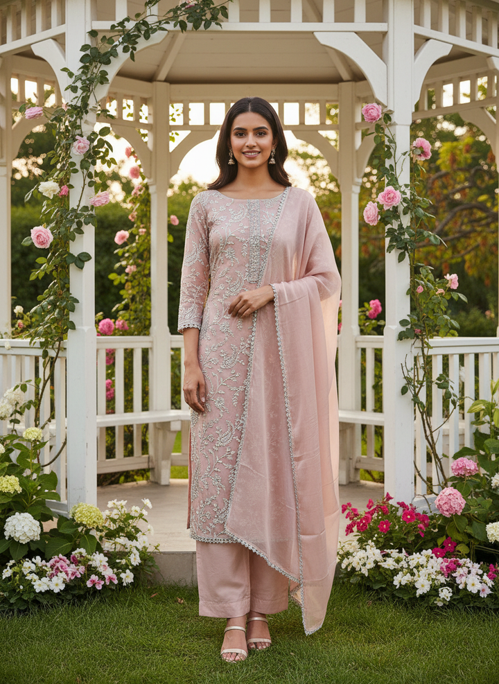 Peach Organza Zari Embroidered Festive Fabric (52318)