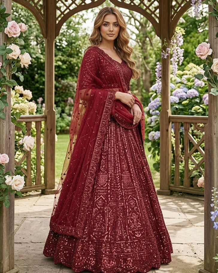 Maroon Net Embroidered Dupatta with Elegance (55071)