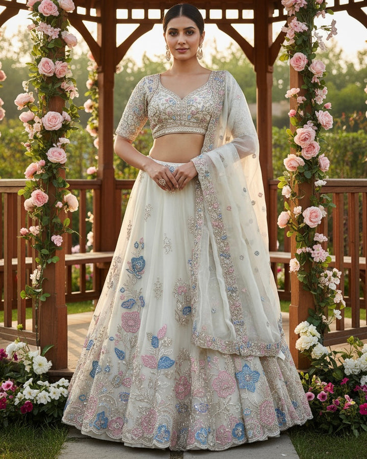 Cream Organza Embroidered Bridal Dupatta (54098)