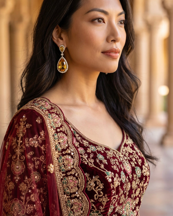 Maroon Velvet Embroidered Bridal Lehenga (42942)