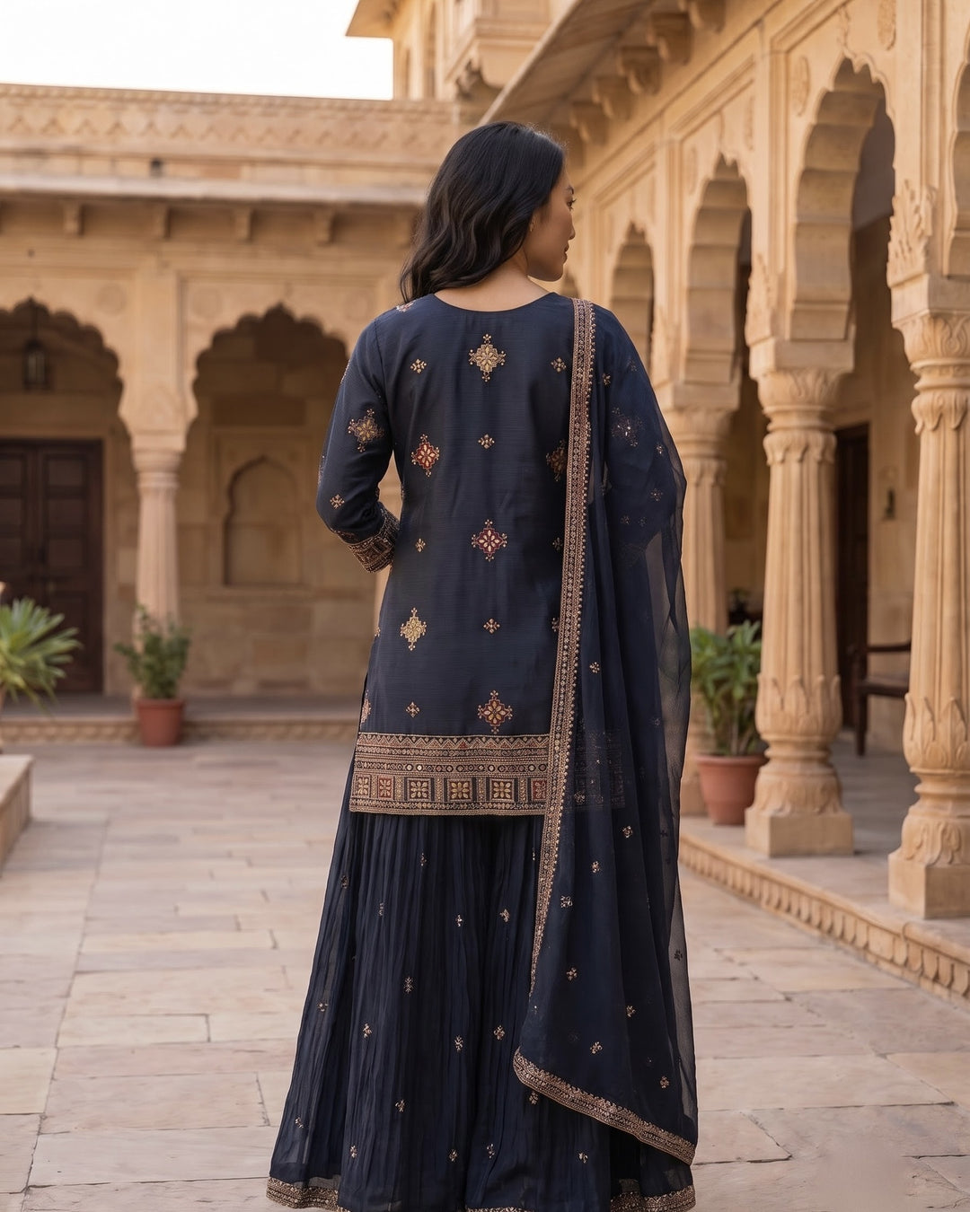 Embroidered Green Chinnon Festive Plazo Set (40927)