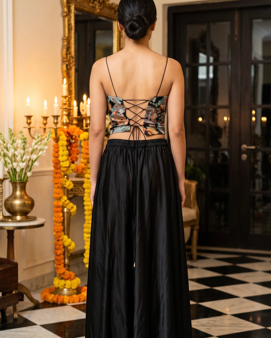 Embroidered Black Corset Blouse Pant Set (51059)