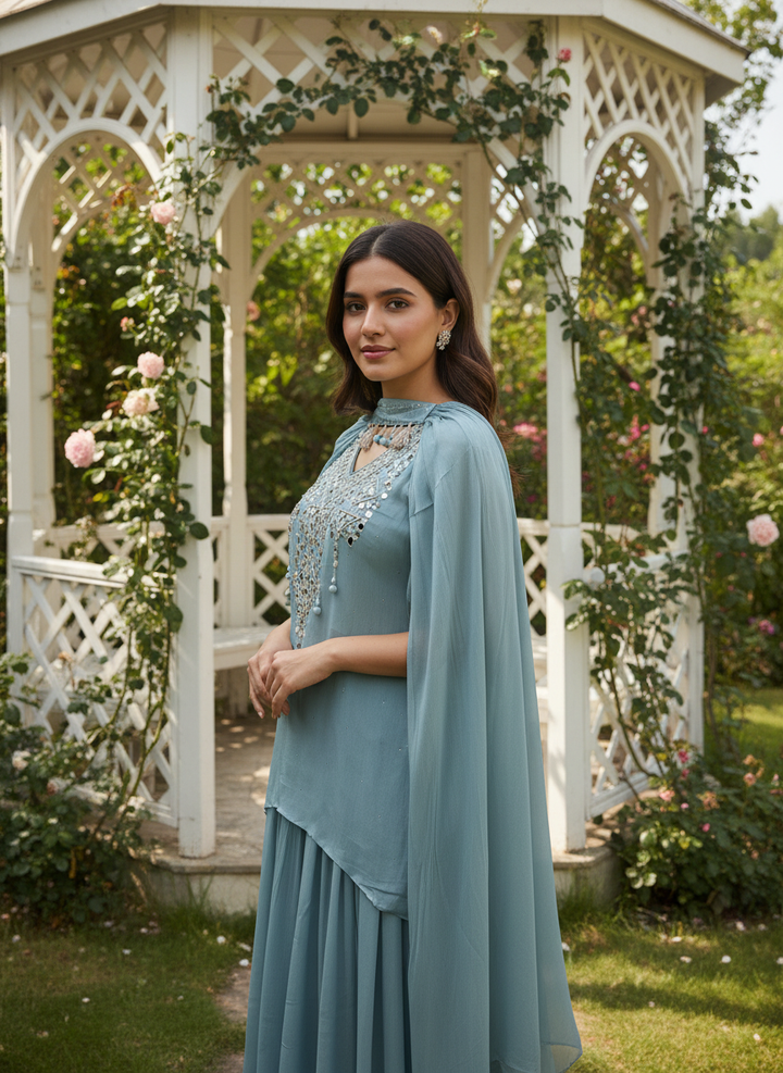 Light Green Chinnon Handwork Plazo Suit (52124)