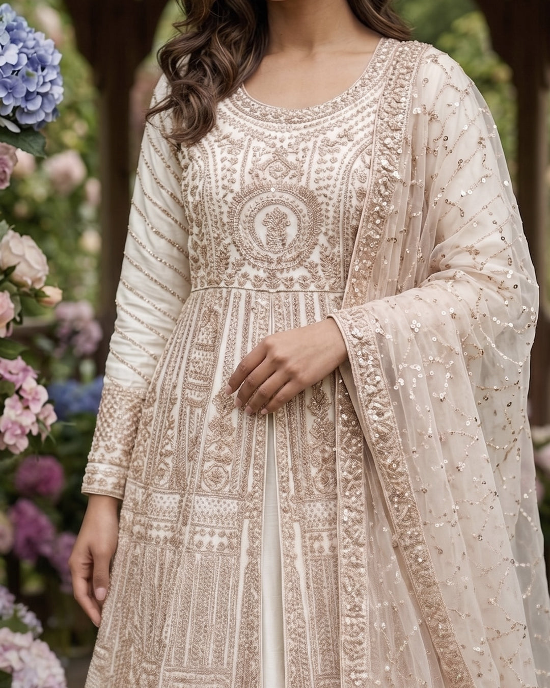 Cream Organza Embroidered Indo Western Gown (55107)