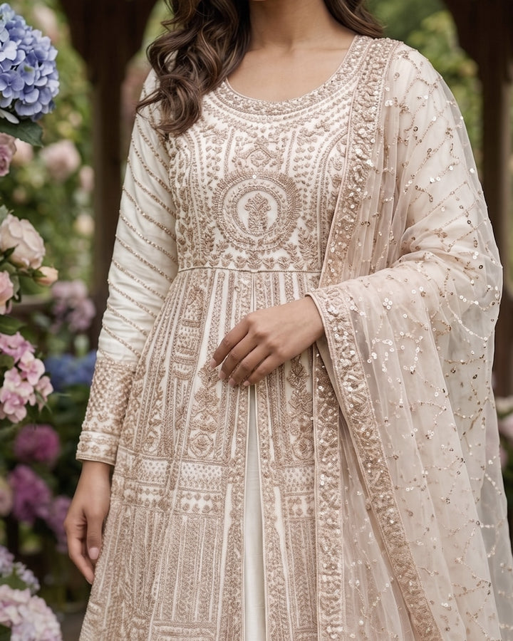 Cream Organza Embroidered Indo Western Gown (55107)