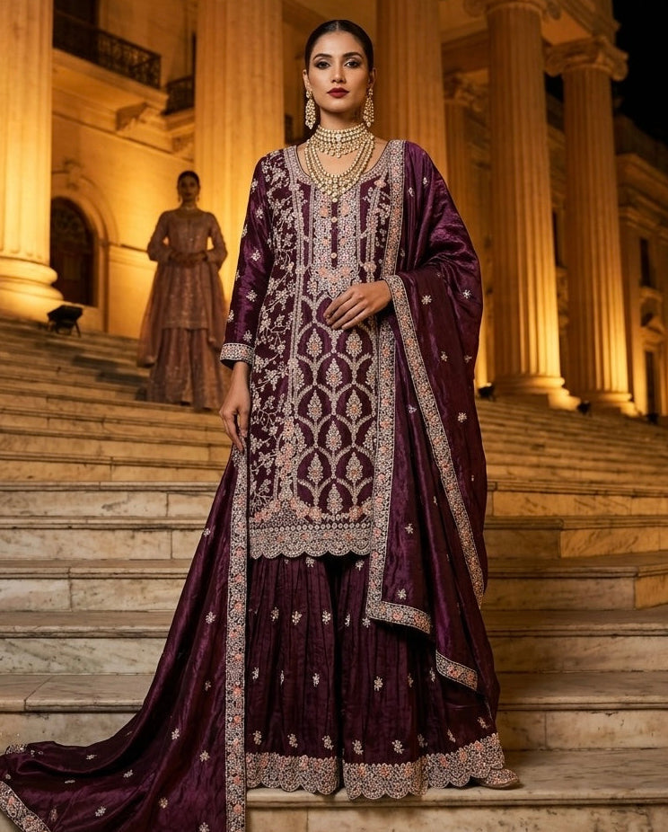 Shahnaz – Plum Tissue Gharara Suit with Zari, Katdana & Stone Work | Fazals (50599)