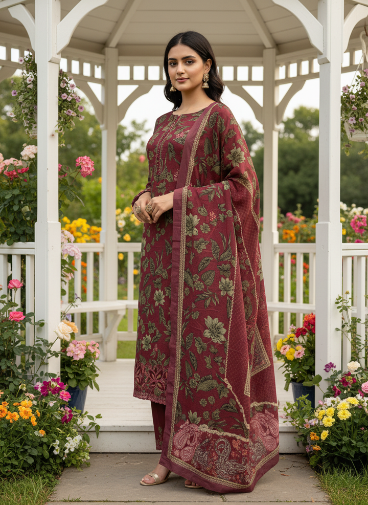 Maroon Muslin Printed Unstitched Elegance (50389)