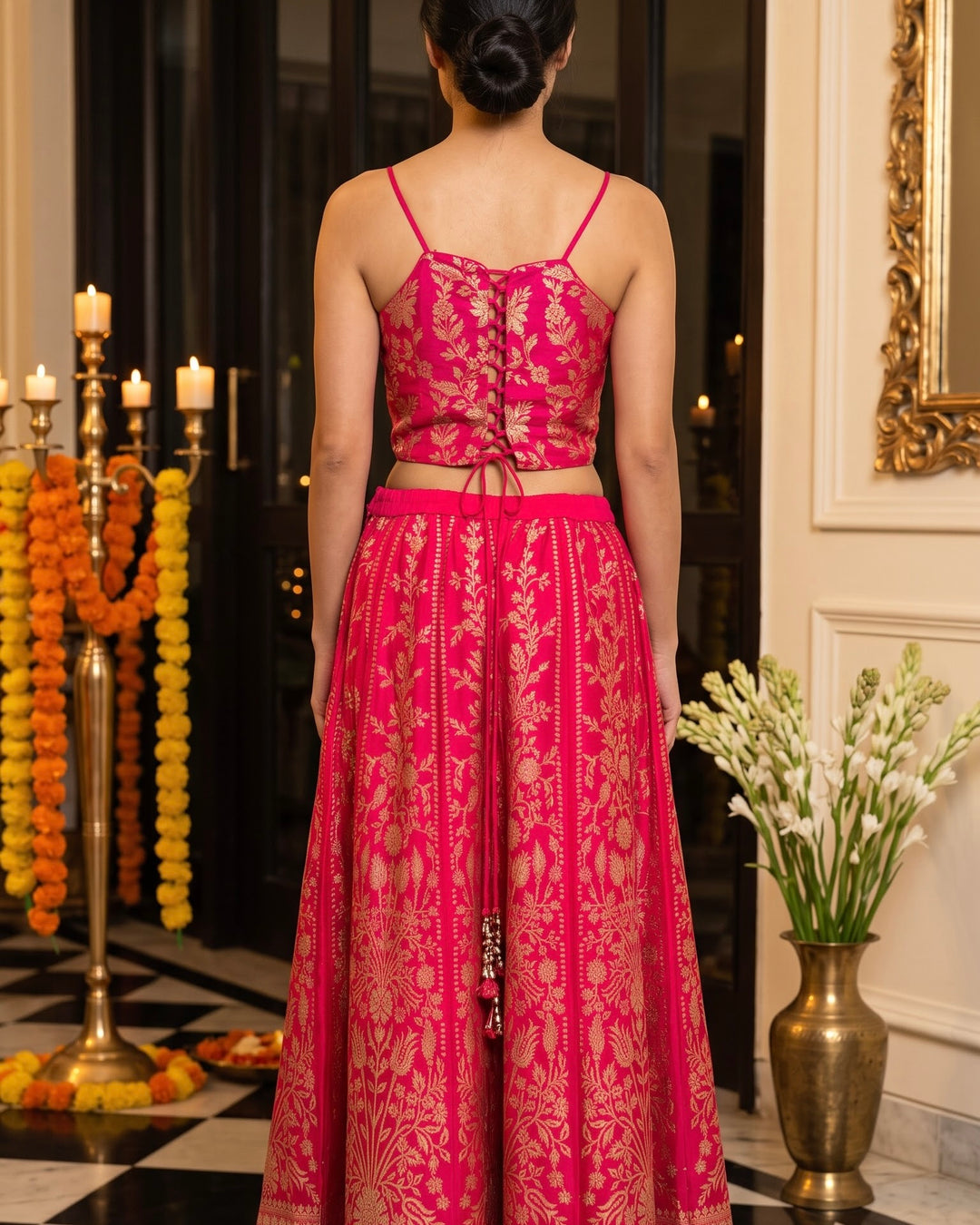 Rani Pink Banarasi Embroidered Corset Blouse Palazzo Set (56113)