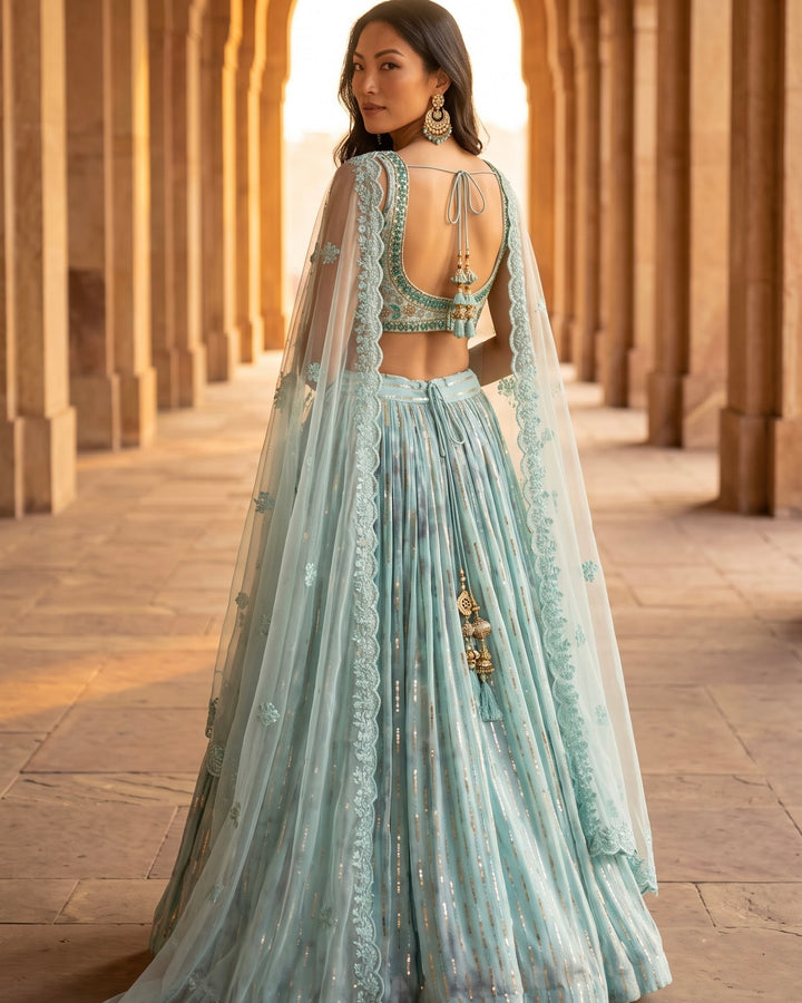 Embroidered Georgette Lehenga in Light Blue (21196)