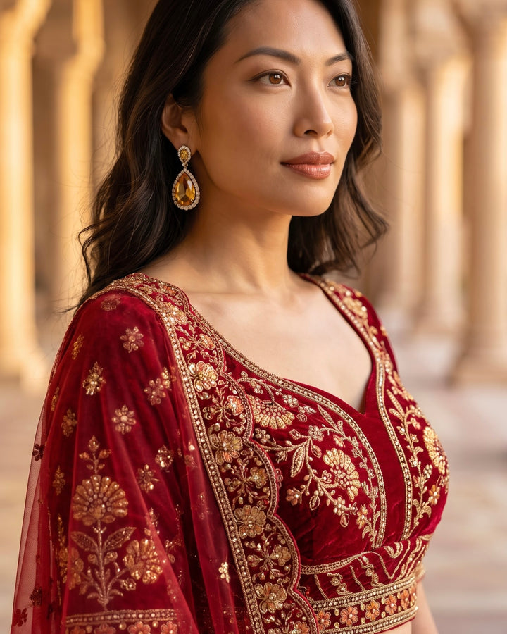 Maroon Velvet Embroidered Bridal Lehenga (52289)