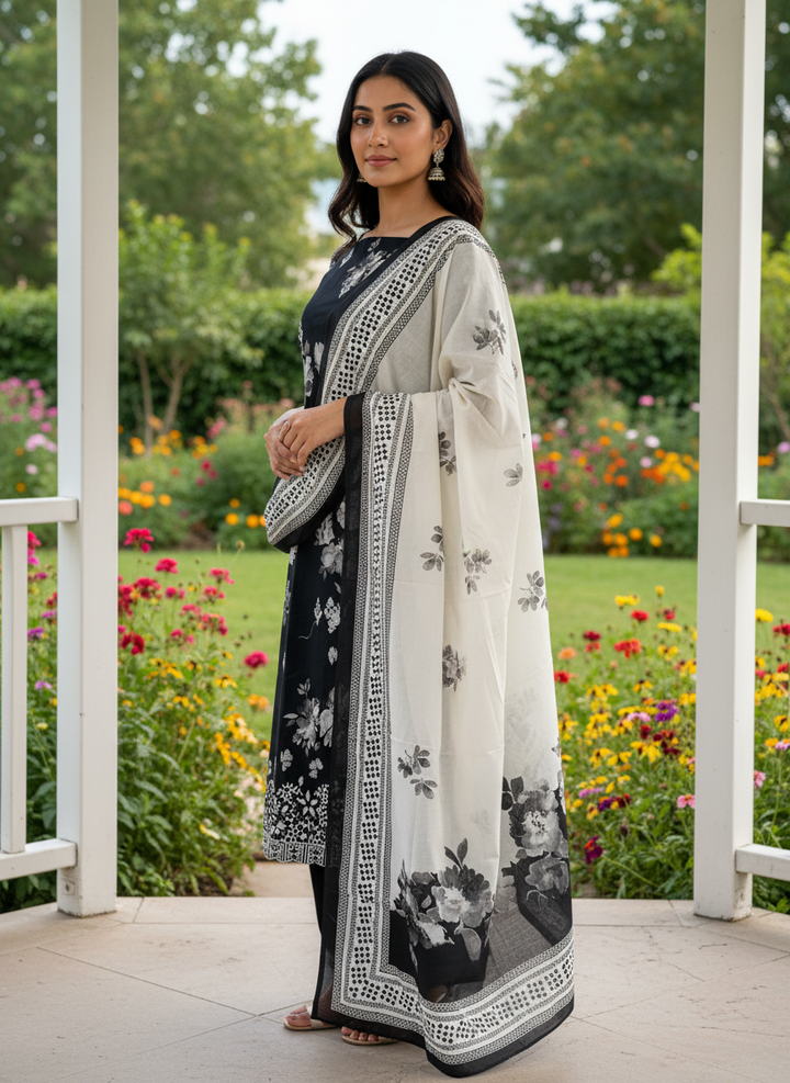 Black Cotton Ensemble with Printed Embroidery (54924)