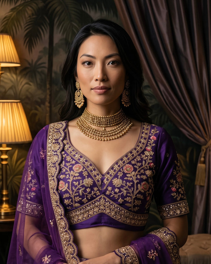 Embroidered Purple Silk Bridal Lehega (52296)