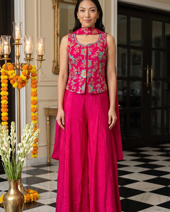 Rani Pink Embroidered Silk Short Shirt Palazzo Set (56375)