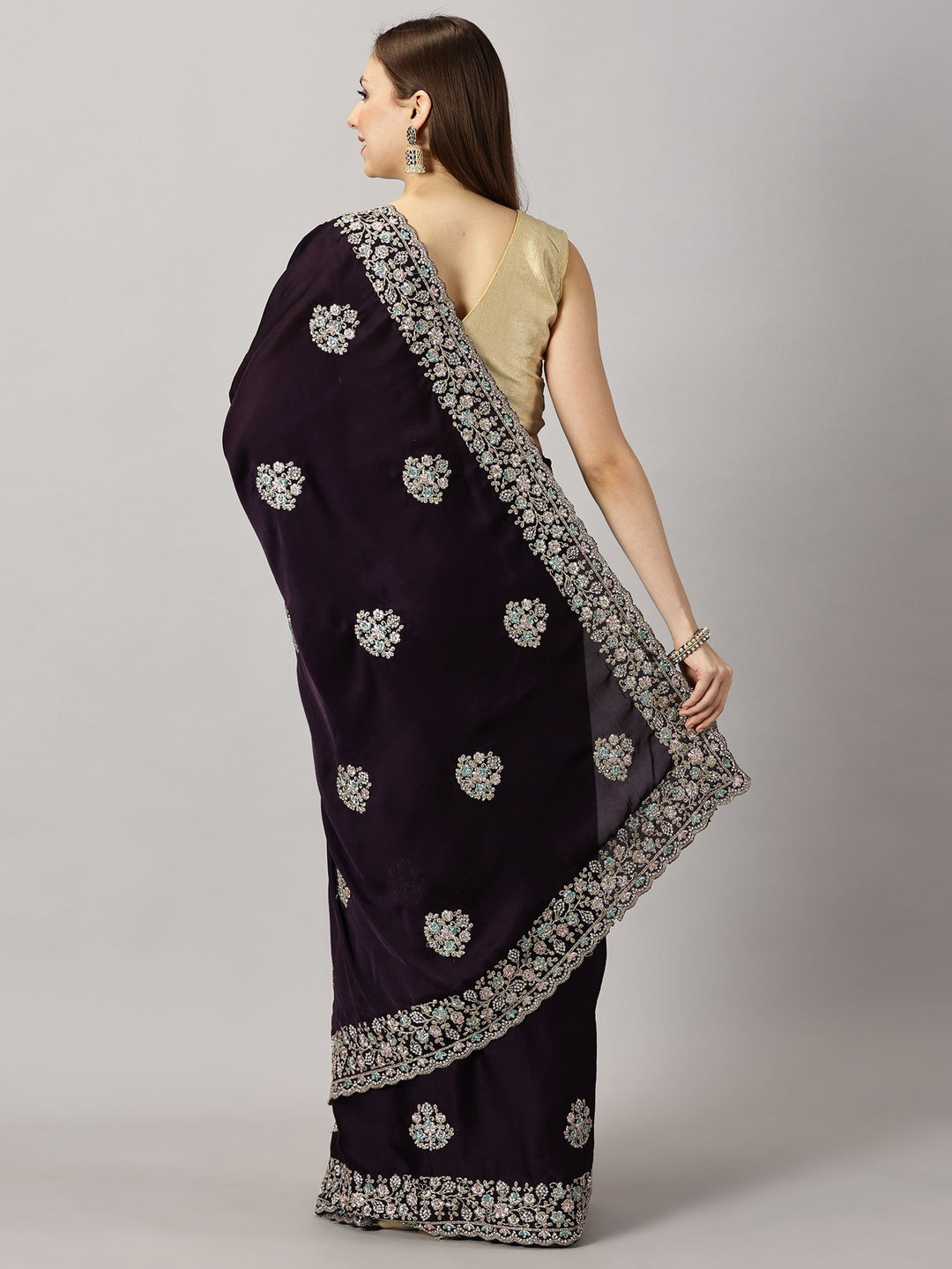 Yamuna - Satin Georgette Wine Zari Embroidered Saree (33095)