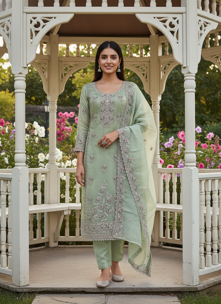 Verdant Green Tissue Silk with Embroidered Elegance (55215)