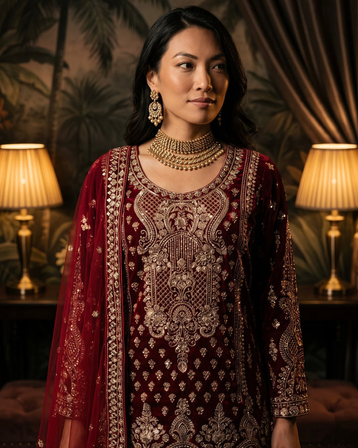 Maroon Velvet Embroidered Trail Cut Farshi (59014)